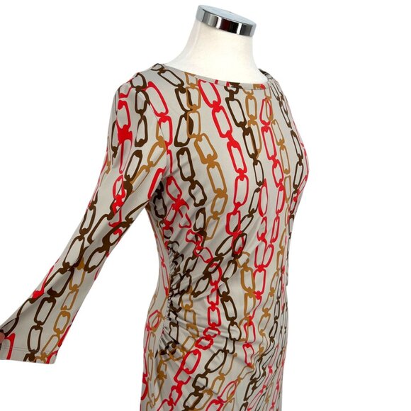 J. McLaughlin Chain Print Dress 3/4 Sleeve Draped Waist Gray Multi Size Medium - Picture 6 of 13